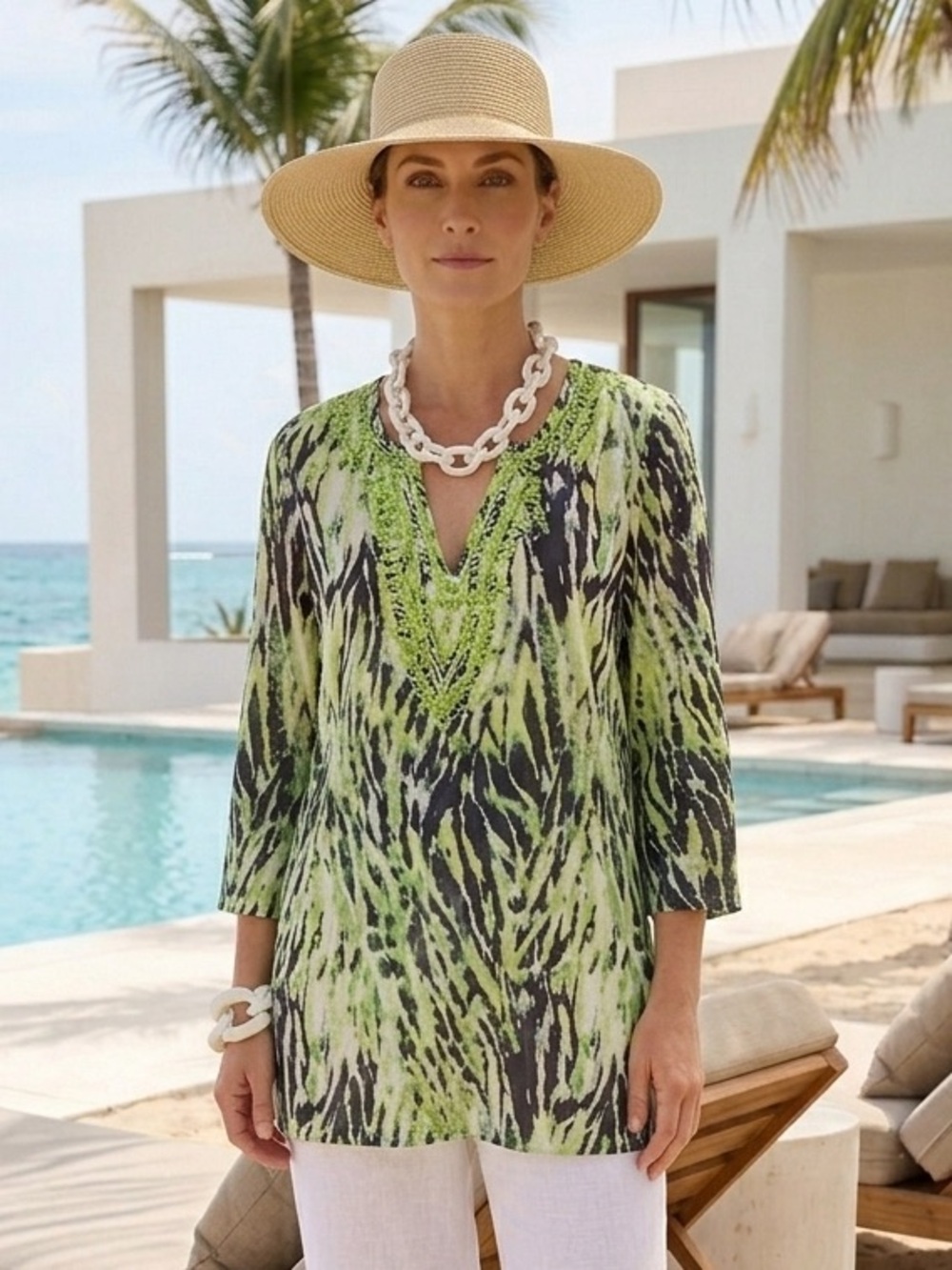 Jasmine Cotton Tunics Blouse M Green Animal Print Beaded Neckline Bell Sleeve